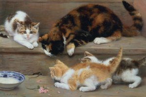 ねずみを追いかける猫と子猫